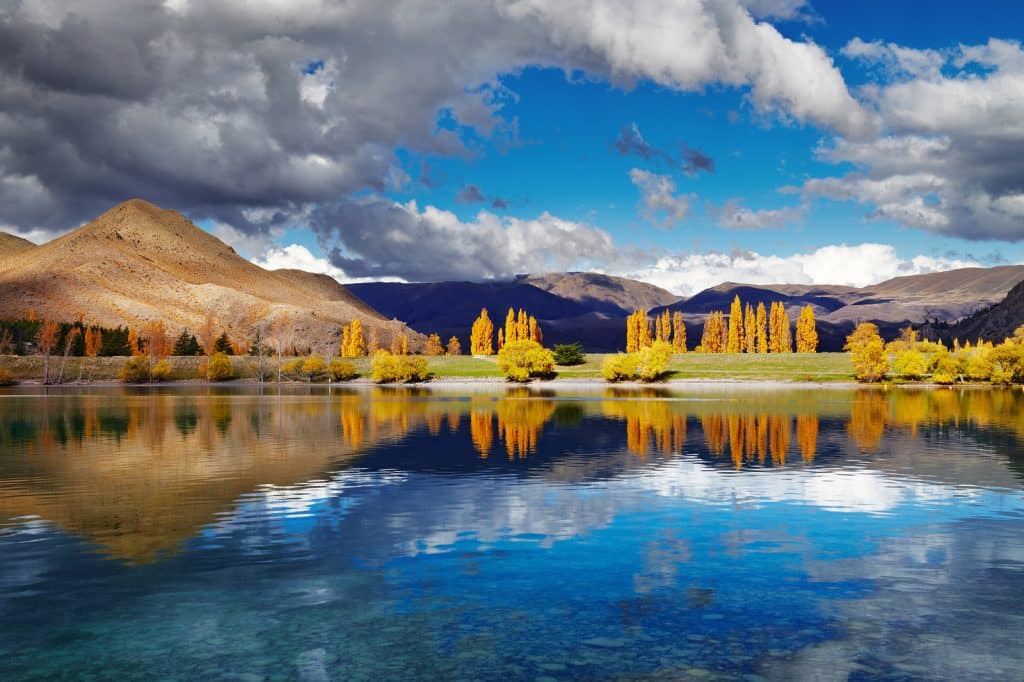 Mountain landscape in autumn colors, Lake Benmore, New Zealand